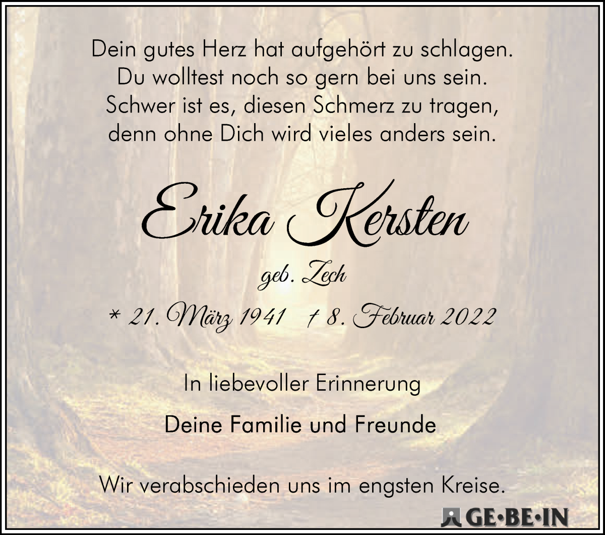  Traueranzeige für Erika Kersten vom 16.02.2022 aus WESER-KURIER