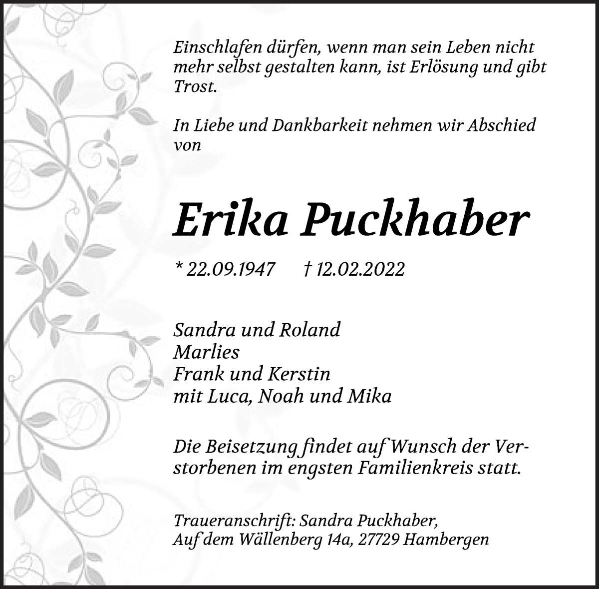  Traueranzeige für Erika Puckhaber vom 16.02.2022 aus Osterholzer Kreisblatt