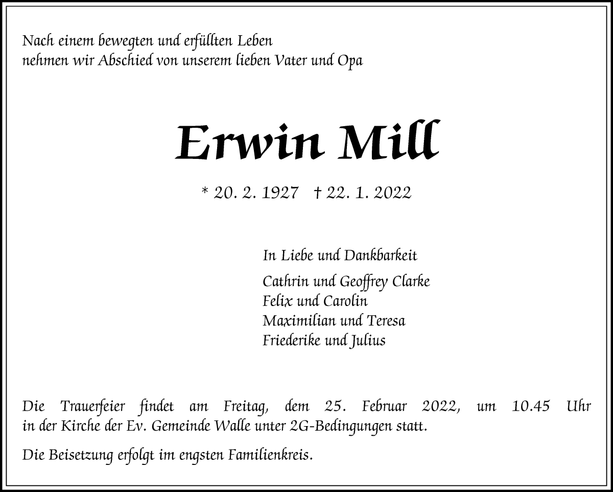  Traueranzeige für Erwin Mill vom 19.02.2022 aus WESER-KURIER