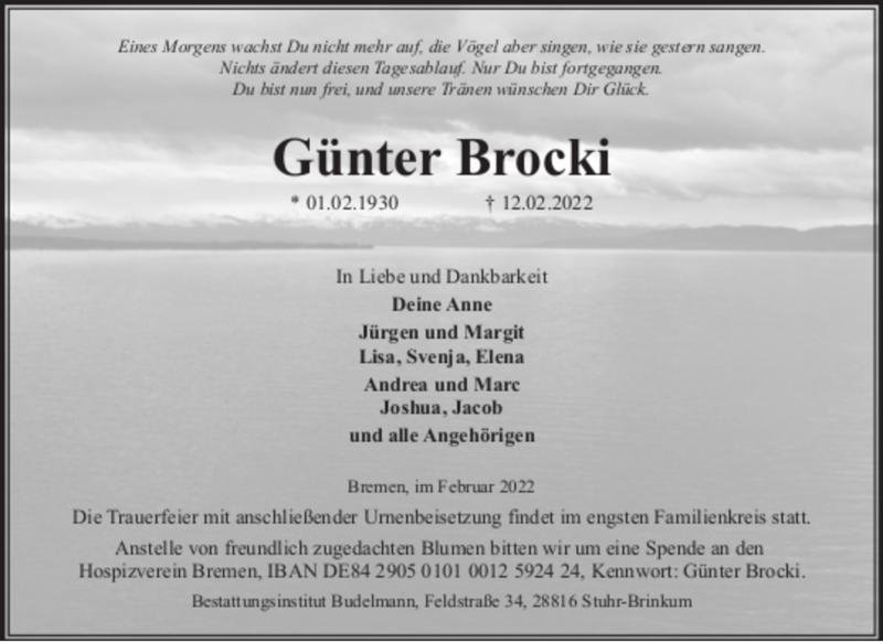  Traueranzeige für Günter Brocki vom 26.02.2022 aus WESER-KURIER