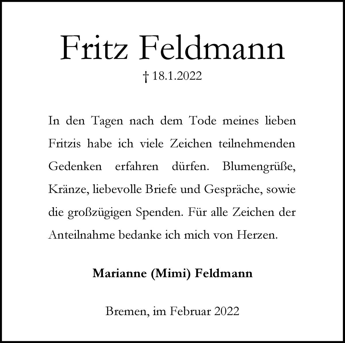  Traueranzeige für Fritz Feldmann vom 12.02.2022 aus WESER-KURIER