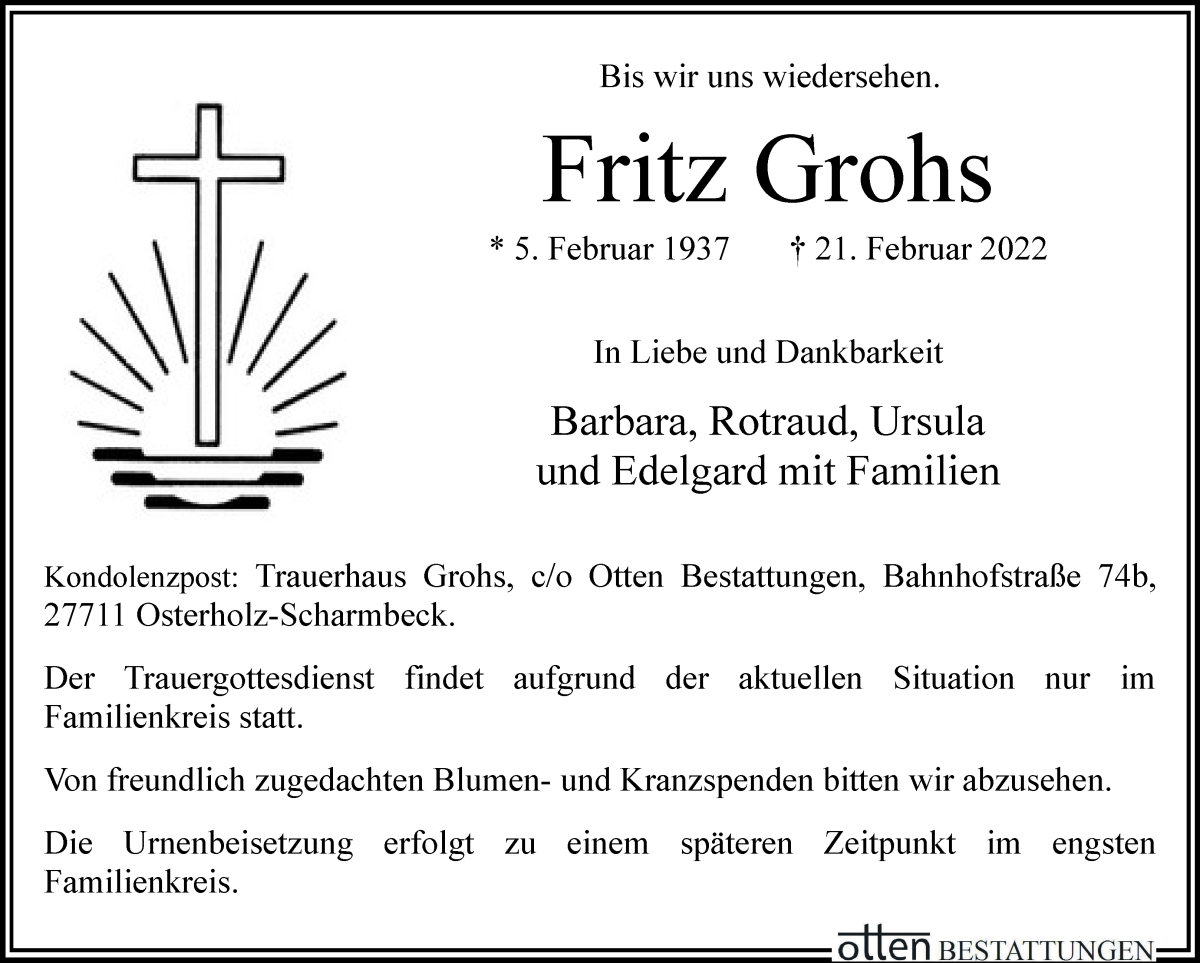 Traueranzeige von Fritz Grohs von Osterholzer Kreisblatt