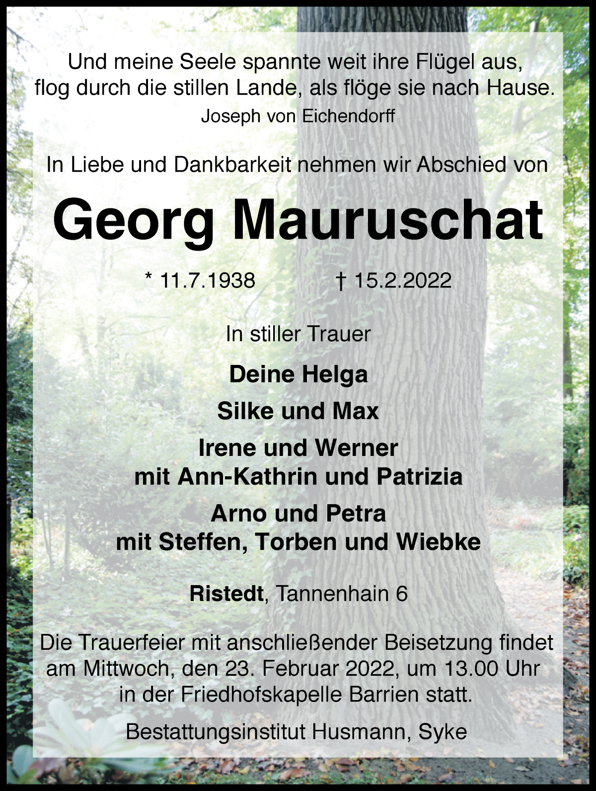  Traueranzeige für Georg Mauruschat vom 19.02.2022 aus WESER-KURIER