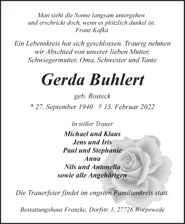 Traueranzeige von Gerda Buhlert von Osterholzer Kreisblatt