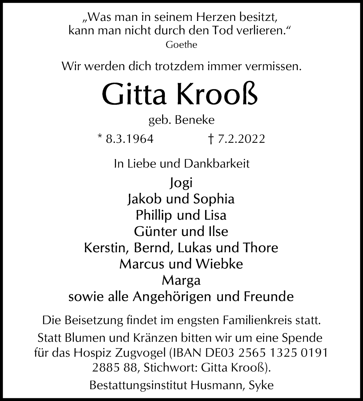  Traueranzeige für Gitta Krooß vom 12.02.2022 aus WESER-KURIER