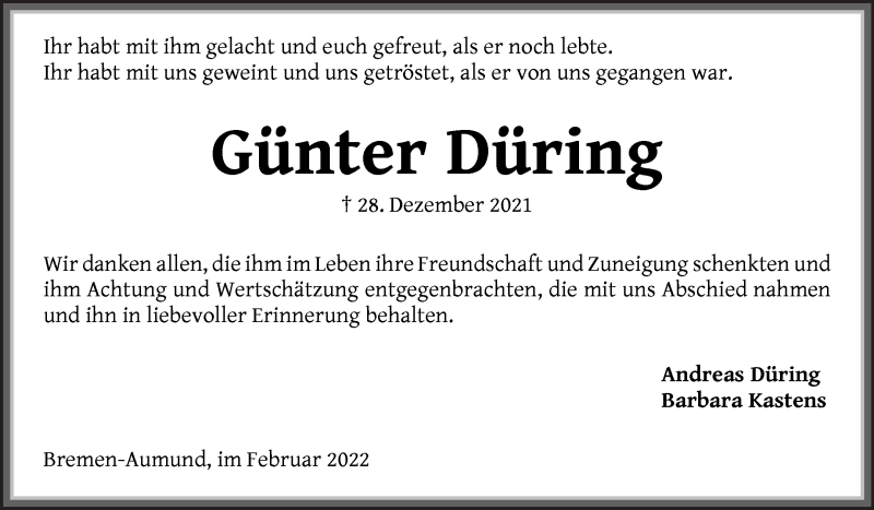  Traueranzeige für Günter Düring vom 05.02.2022 aus Die Norddeutsche