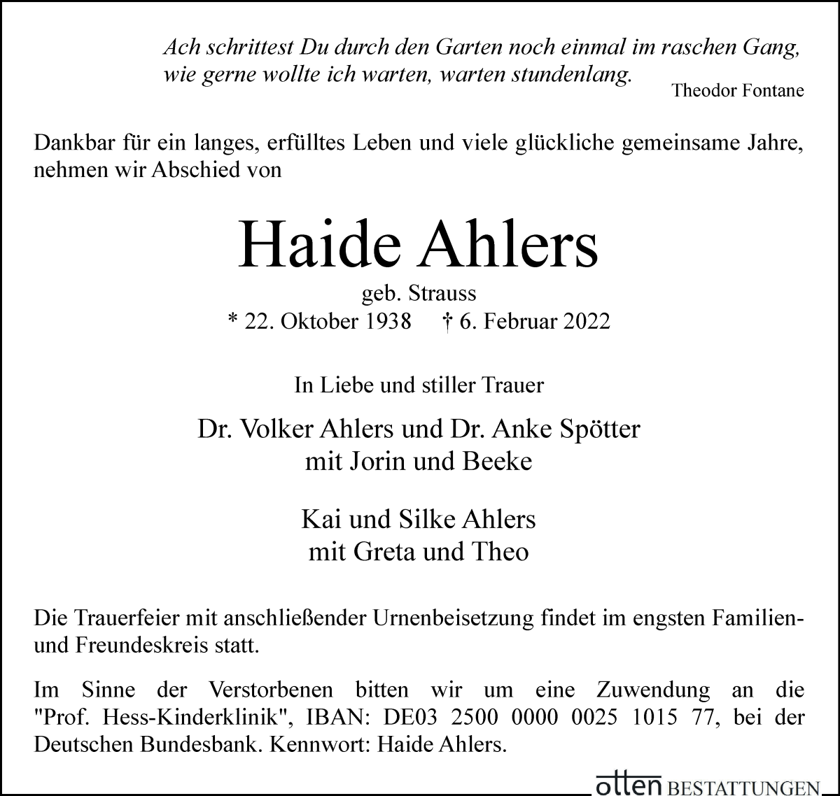 Traueranzeige von Haide Ahlers von Osterholzer Kreisblatt