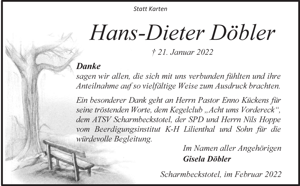  Traueranzeige für Hans-Dieter Döbler vom 26.02.2022 aus Osterholzer Kreisblatt