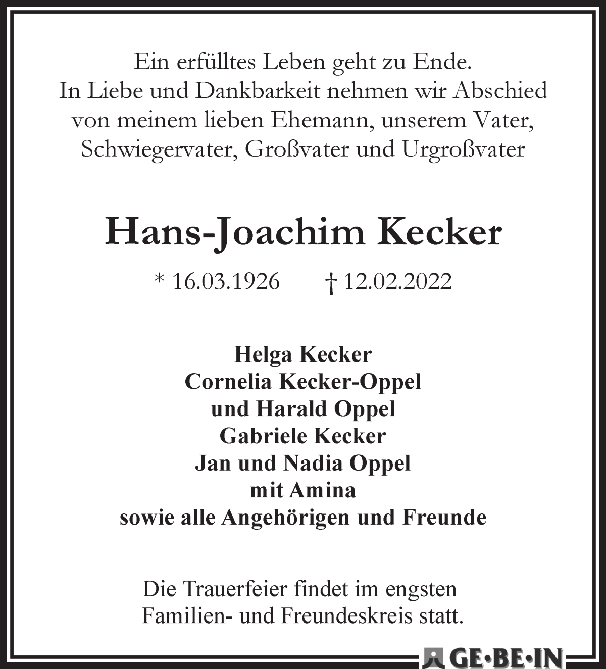 Traueranzeige für Hans-Joachim Kecker vom 19.02.2022 aus WESER-KURIER