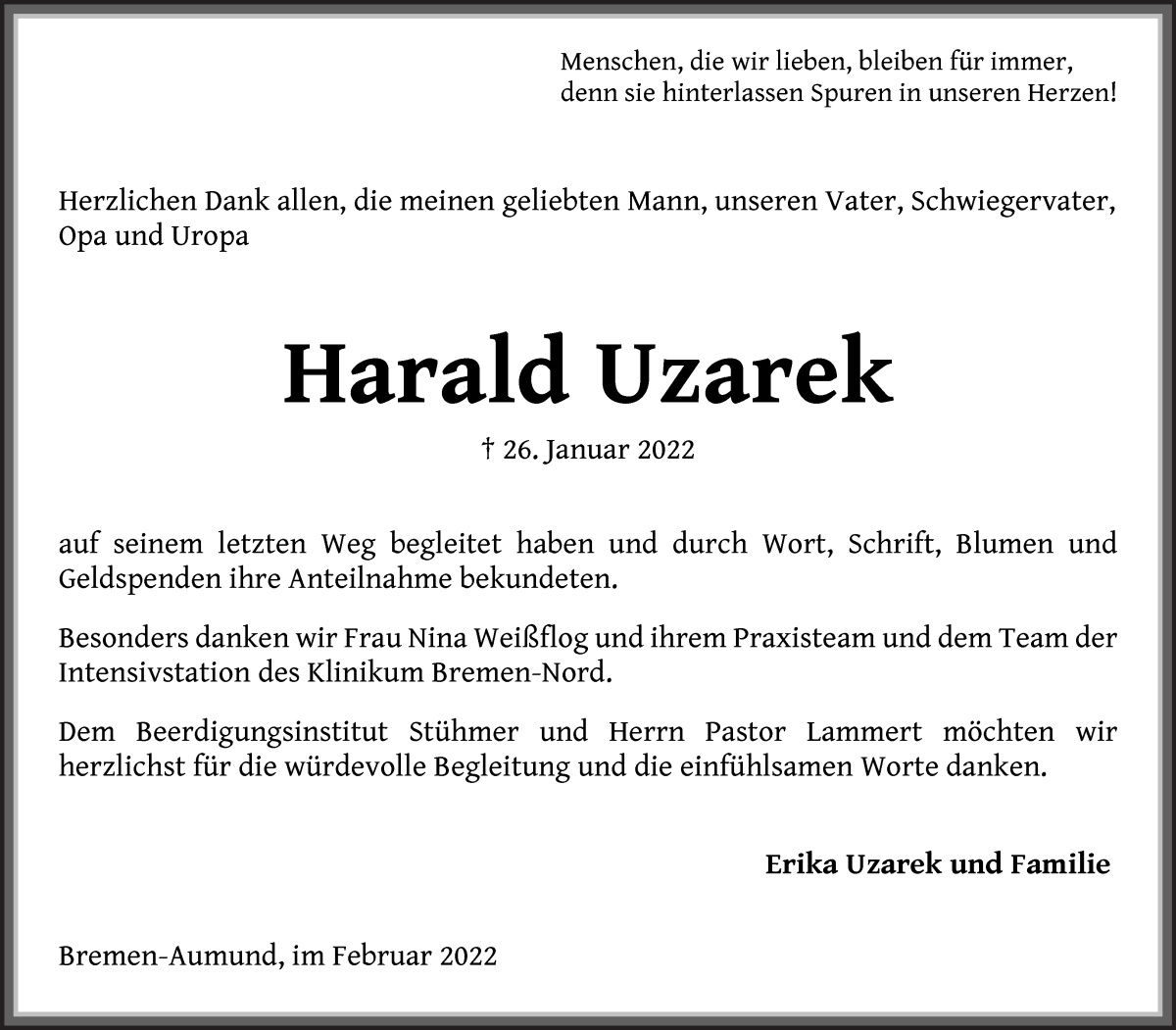  Traueranzeige für Harald Uzarek vom 26.02.2022 aus Die Norddeutsche