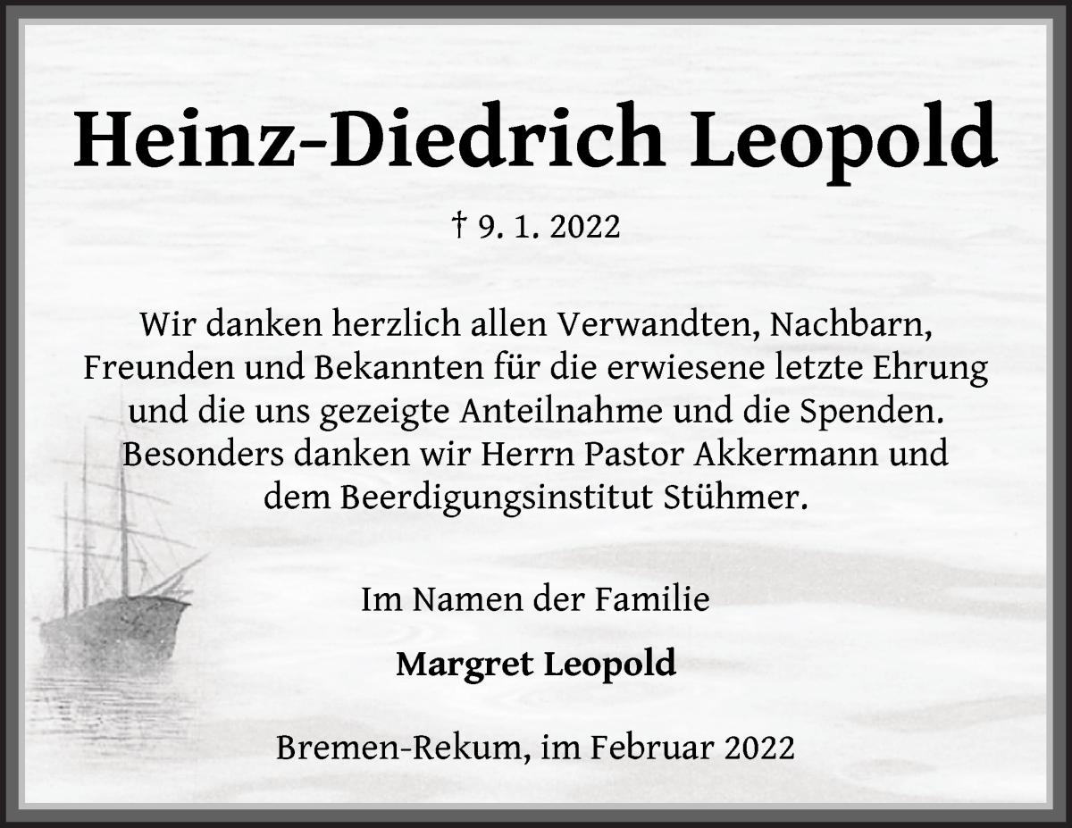  Traueranzeige für Heinz-Diedrich Leopold vom 19.02.2022 aus Die Norddeutsche