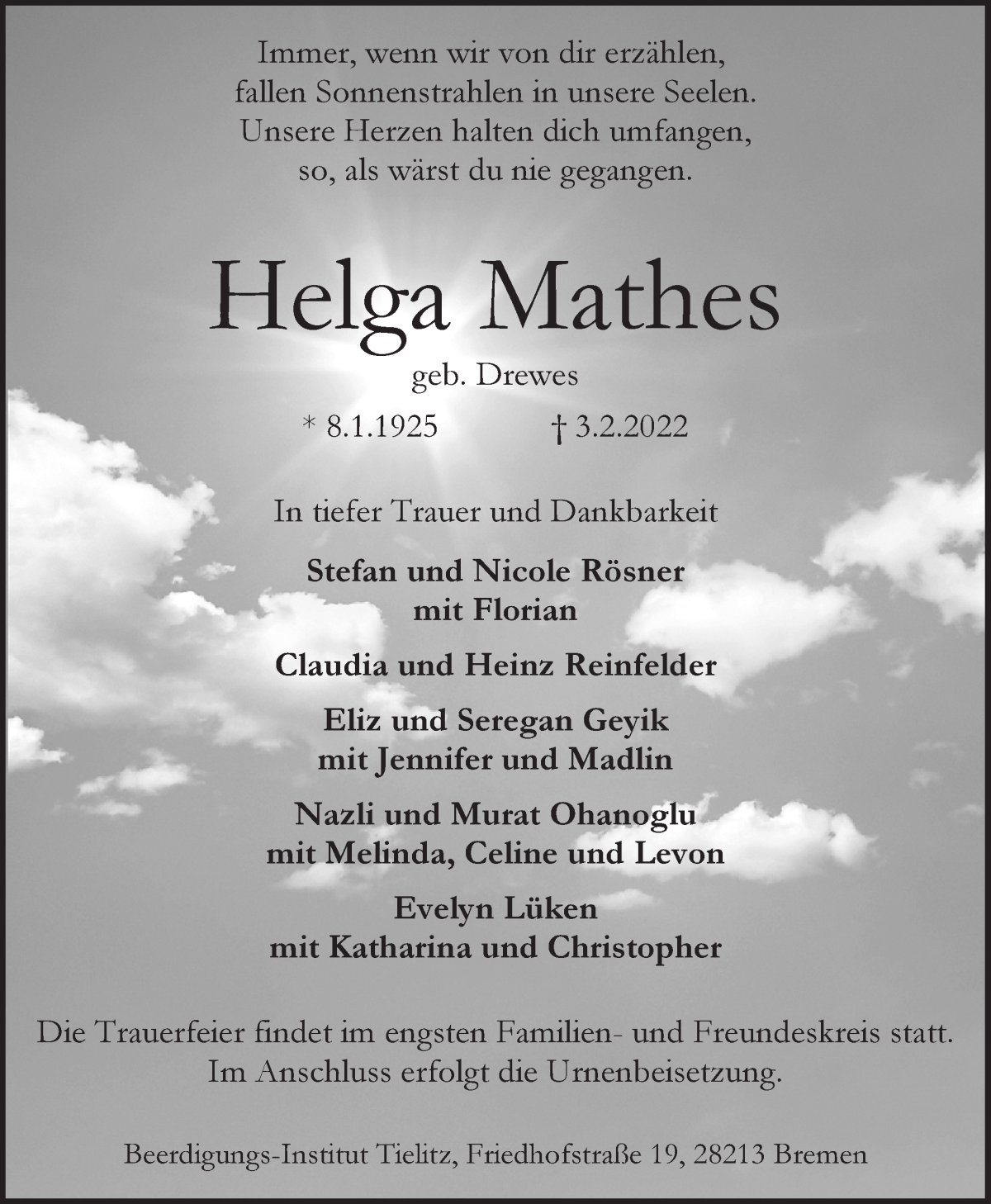 Traueranzeige von Helga Mathes von WESER-KURIER