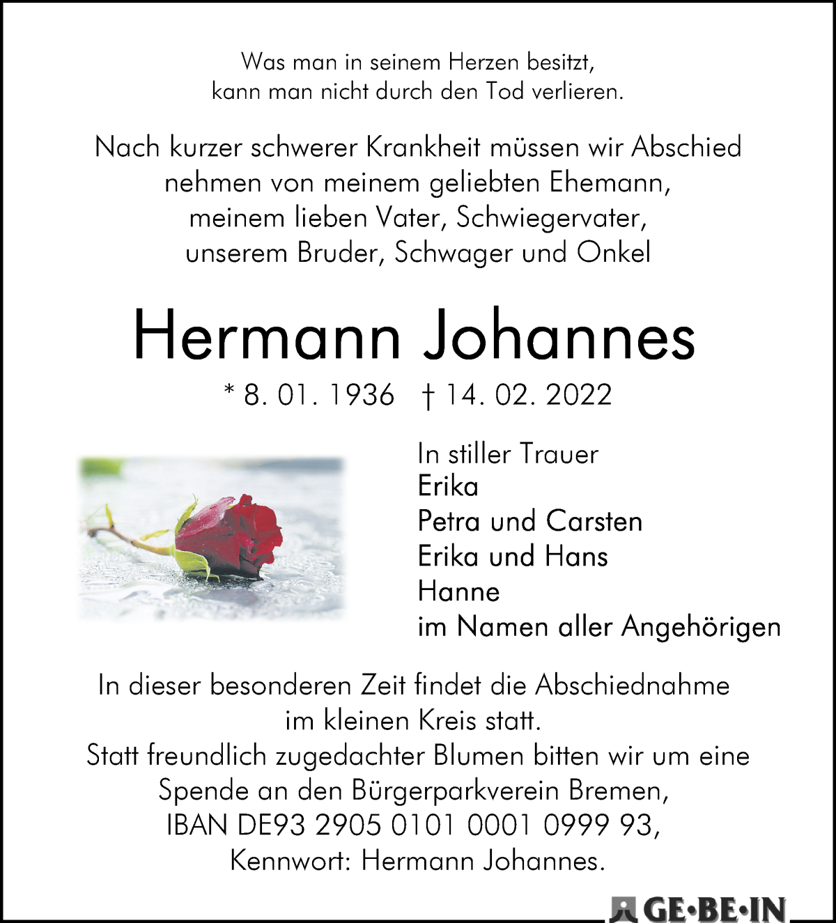  Traueranzeige für Hermann Johannes vom 26.02.2022 aus WESER-KURIER