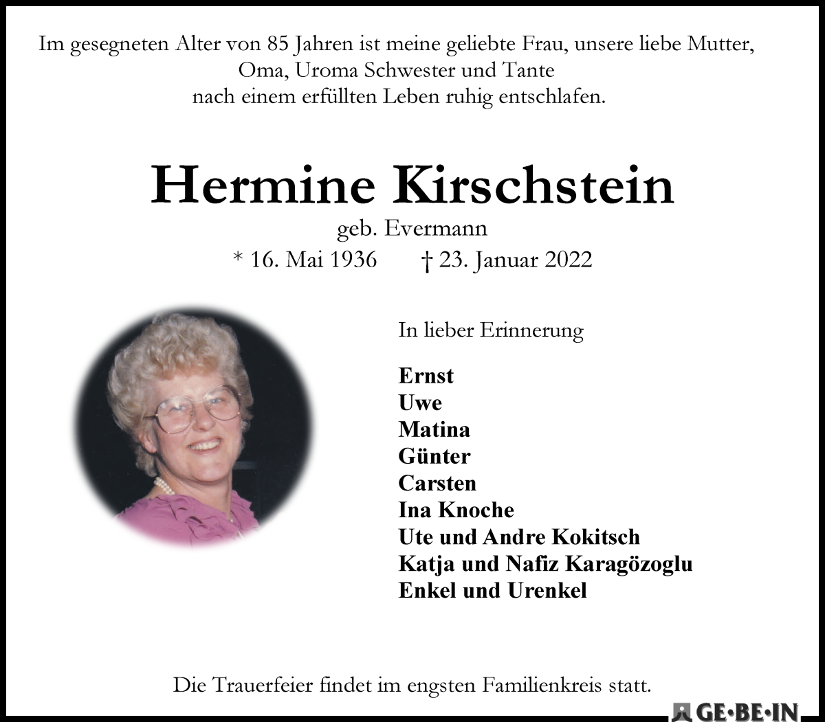  Traueranzeige für Hermine Kirschstein vom 12.02.2022 aus WESER-KURIER