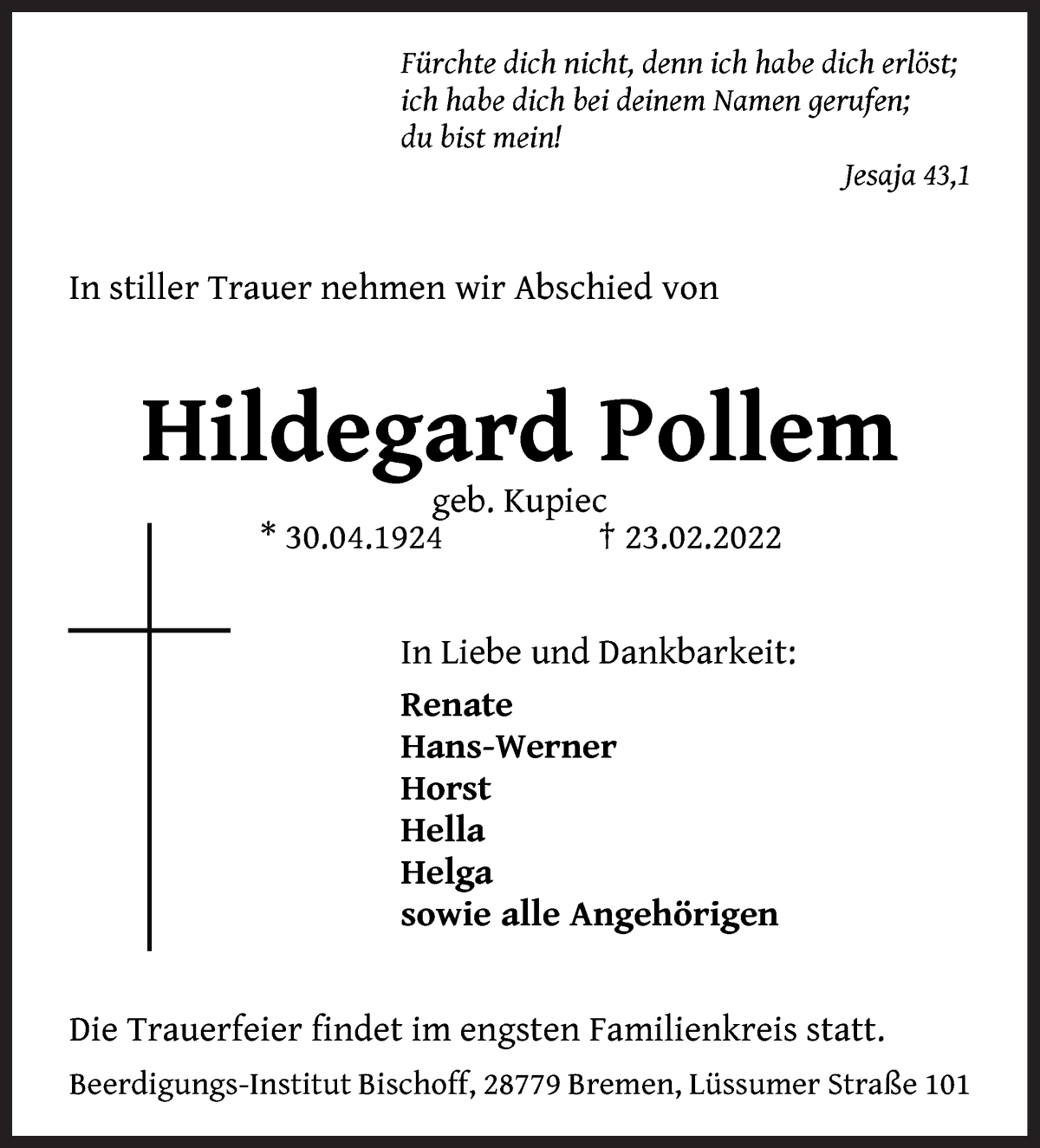  Traueranzeige für Hildegard Pollem vom 26.02.2022 aus Die Norddeutsche
