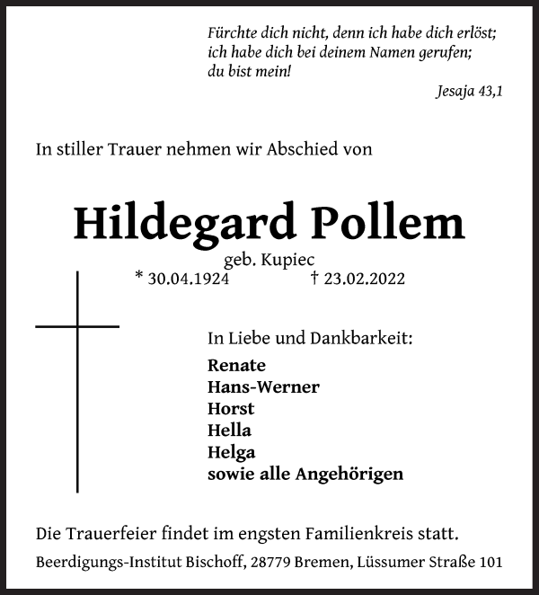 Traueranzeige von Hildegard Pollem von Die Norddeutsche