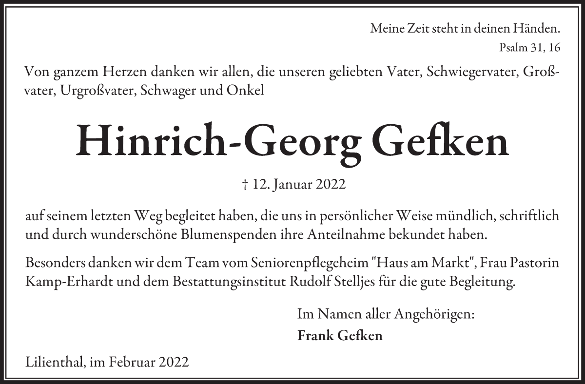  Traueranzeige für Hinrich-Georg Gefken vom 12.02.2022 aus Wuemme Zeitung