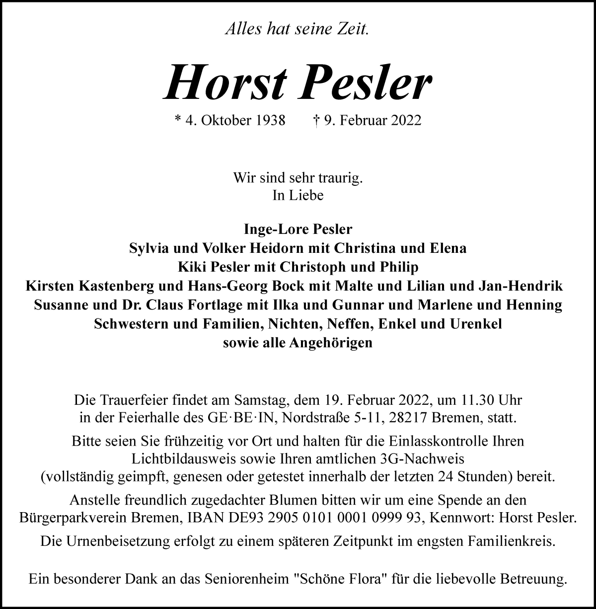  Traueranzeige für Horst Pesler vom 16.02.2022 aus WESER-KURIER