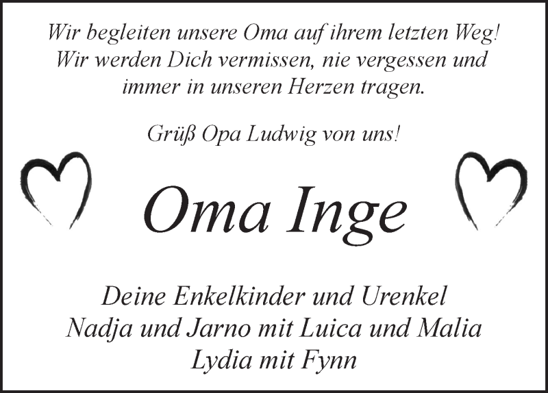 Traueranzeige von Ingeburg (Inge) Brockmeyer von Osterholzer Kreisblatt