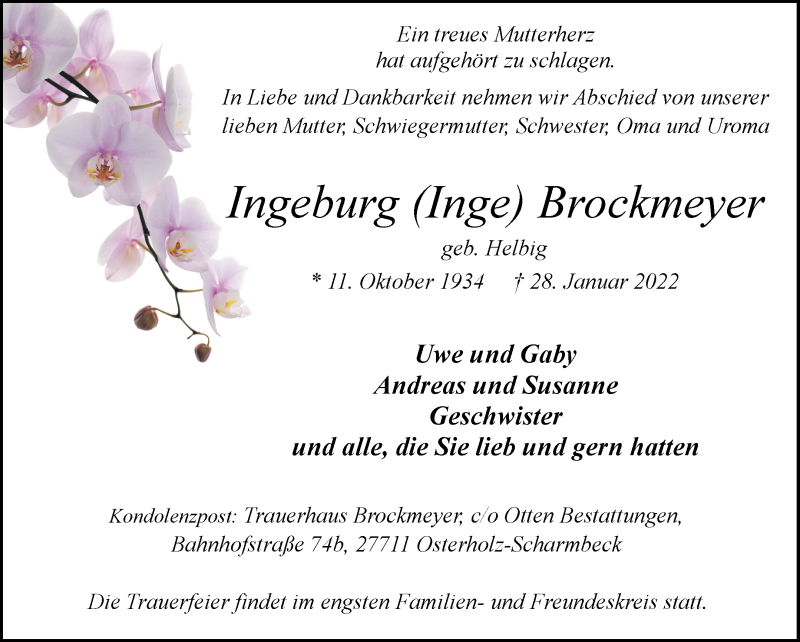  Traueranzeige für Ingeburg (Inge) Brockmeyer vom 05.02.2022 aus Osterholzer Kreisblatt
