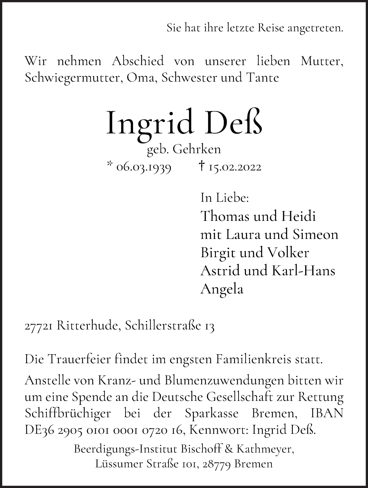  Traueranzeige für Ingrid Deß vom 19.02.2022 aus Osterholzer Kreisblatt