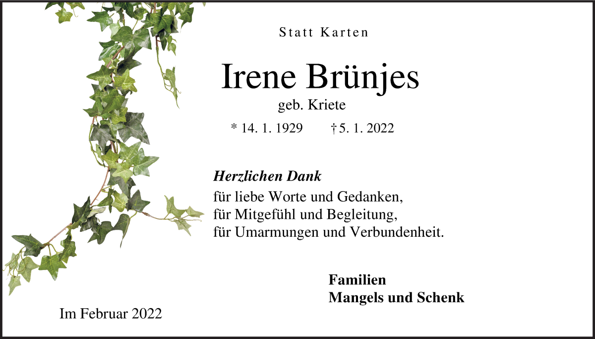Traueranzeige von Irene Brünjes von Osterholzer Kreisblatt