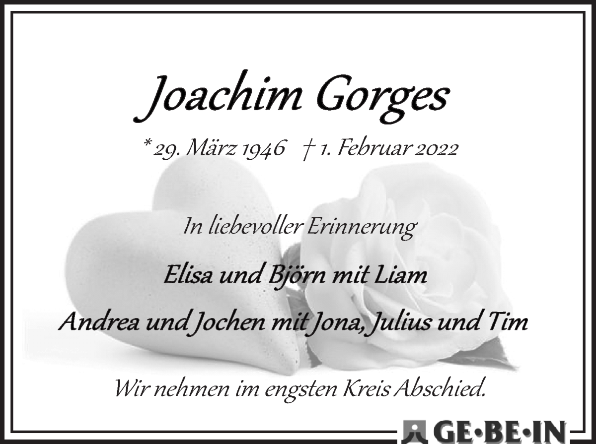  Traueranzeige für Joachim Gorges vom 12.02.2022 aus WESER-KURIER