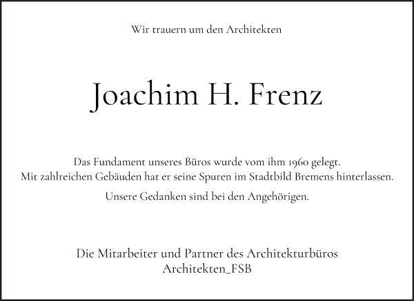 Traueranzeige von Joachim H. Frenz