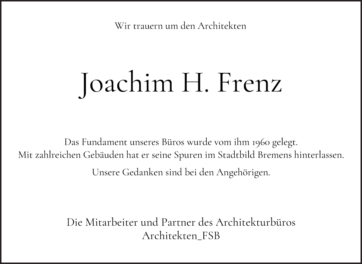 Traueranzeige von Joachim H. Frenz von WESER-KURIER