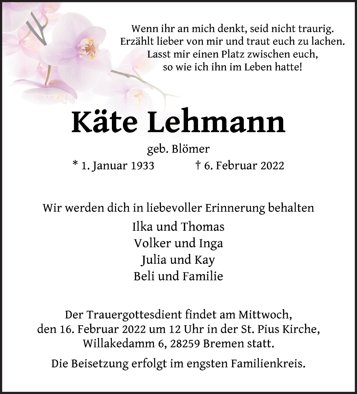  Traueranzeige für Käte Lehmann vom 12.02.2022 aus WESER-KURIER