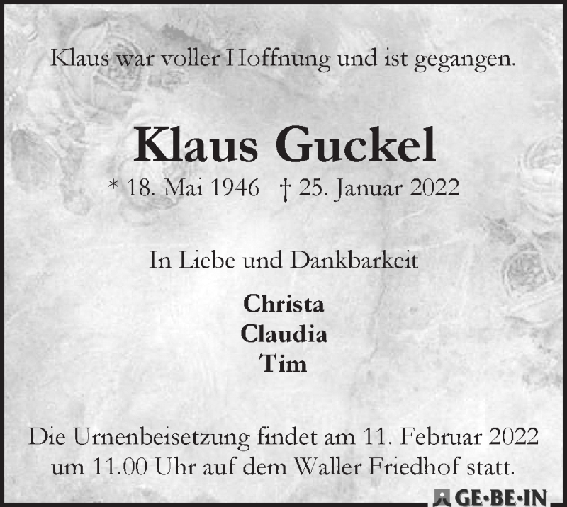  Traueranzeige für Klaus Guckel vom 05.02.2022 aus WESER-KURIER