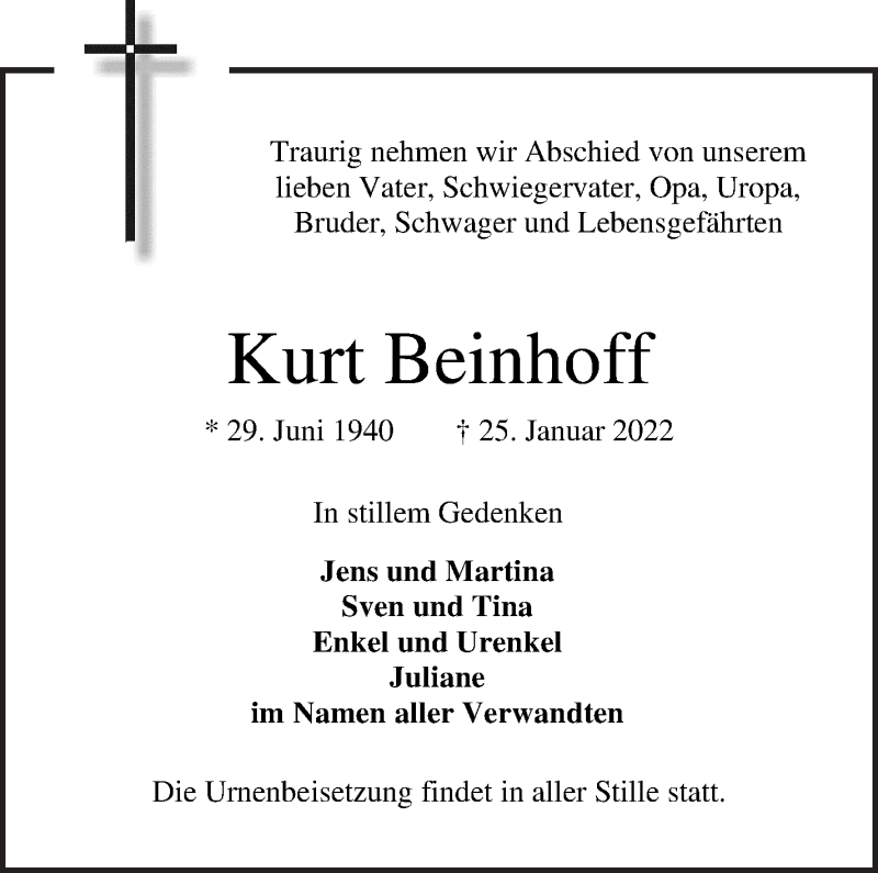  Traueranzeige für Kurt Beinhoff vom 05.02.2022 aus WESER-KURIER