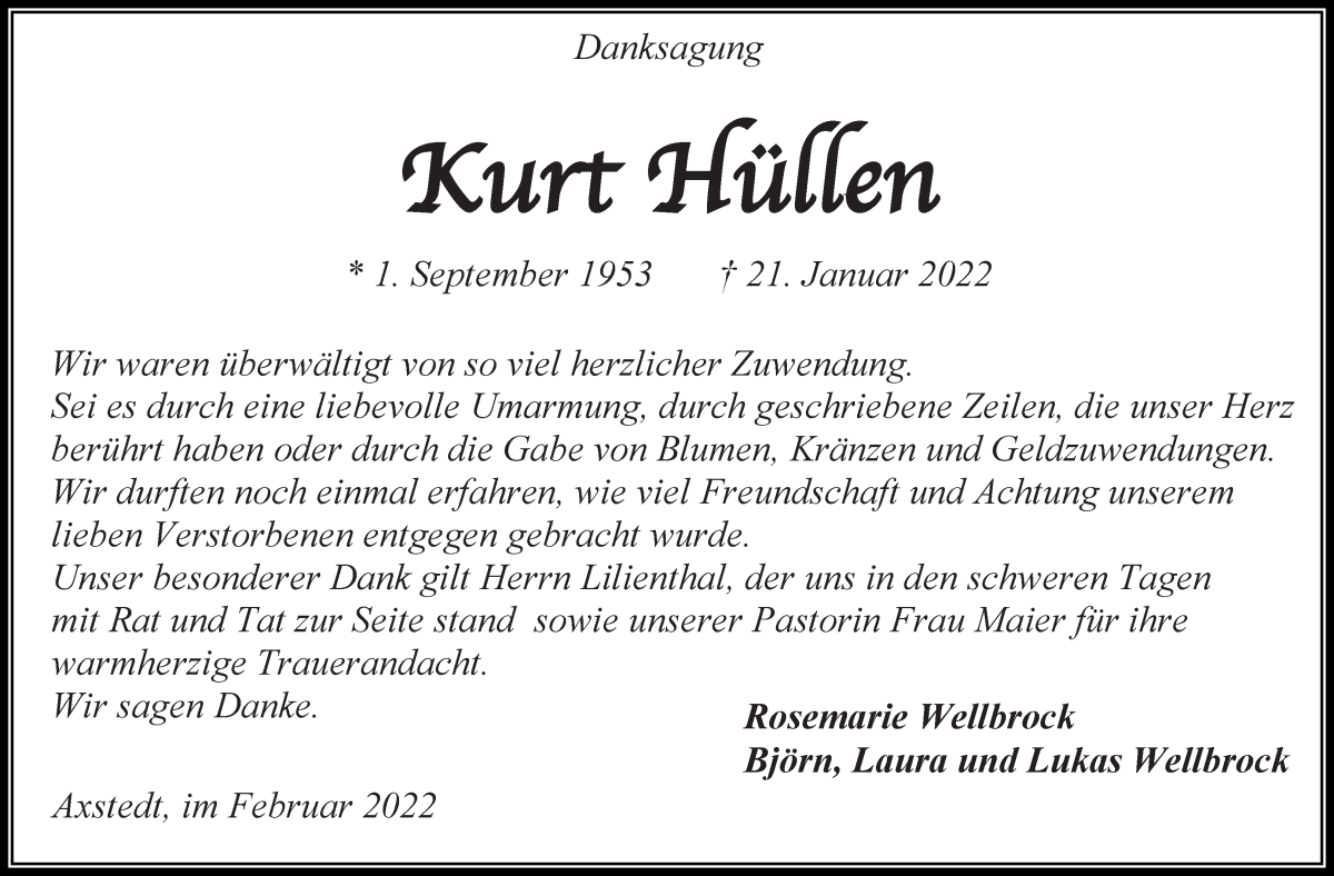  Traueranzeige für Kurt Hüllen vom 26.02.2022 aus Osterholzer Kreisblatt