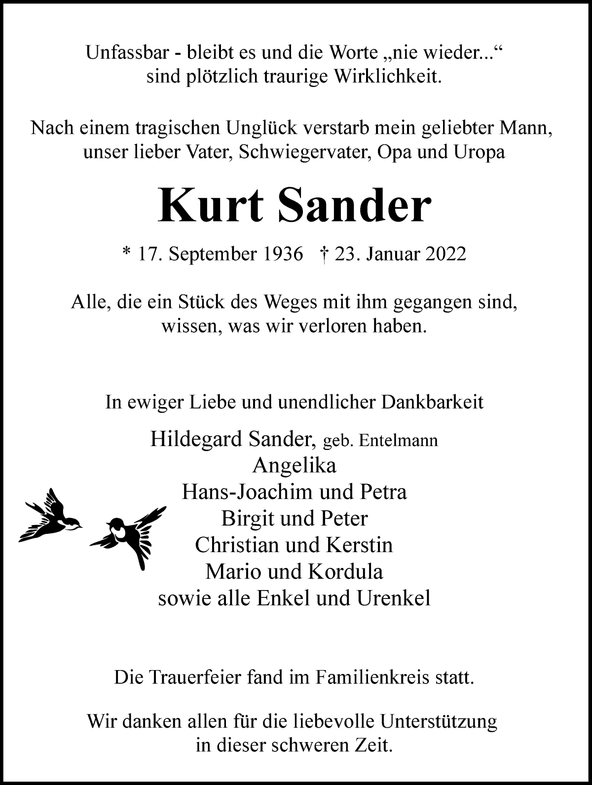  Traueranzeige für Kurt Sander vom 19.02.2022 aus WESER-KURIER