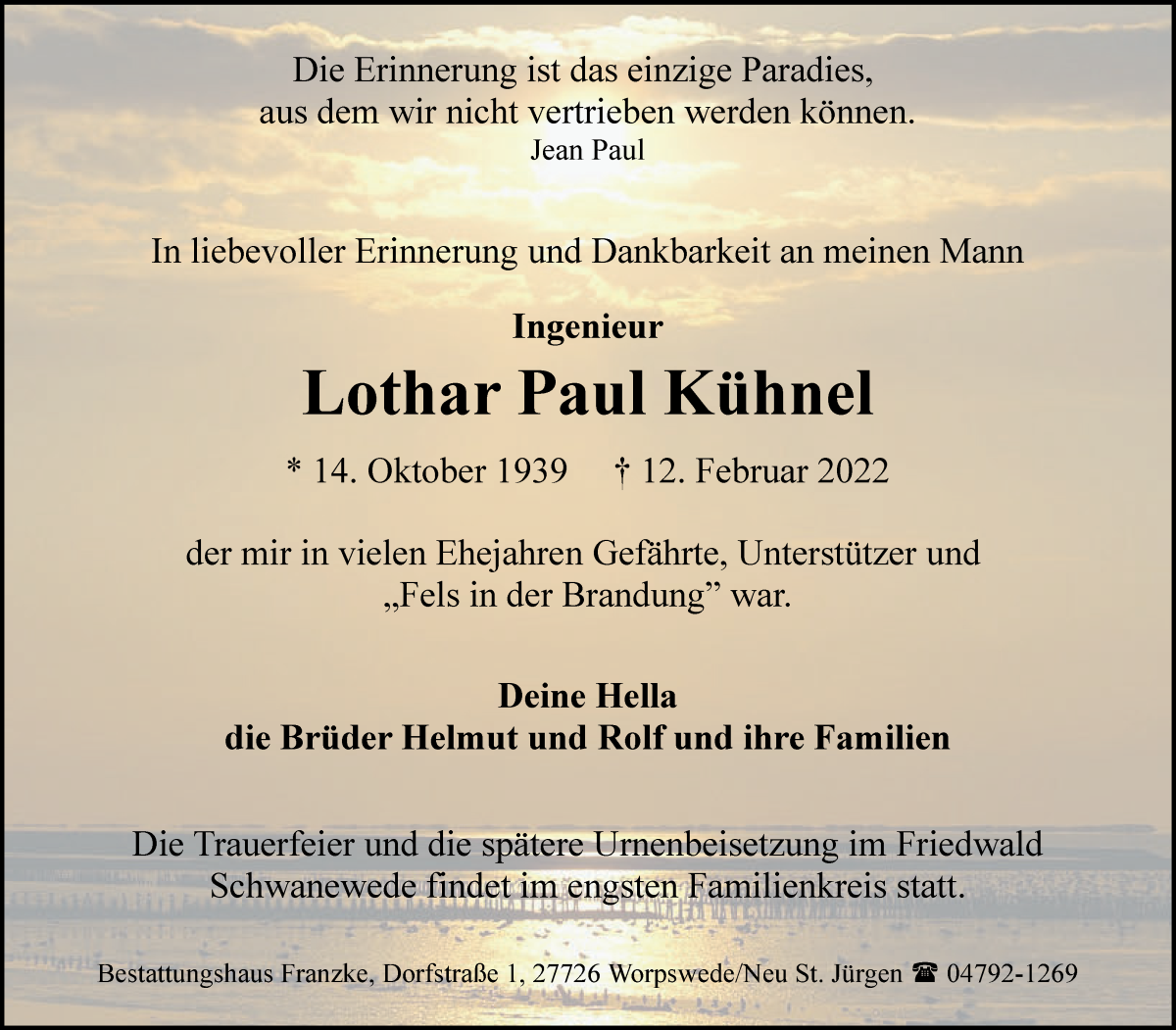  Traueranzeige für Lothar Paul Kühnel vom 19.02.2022 aus Wuemme Zeitung