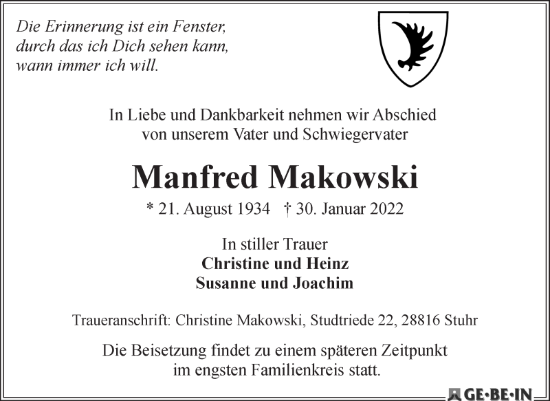  Traueranzeige für Manfred Makowski vom 05.02.2022 aus WESER-KURIER