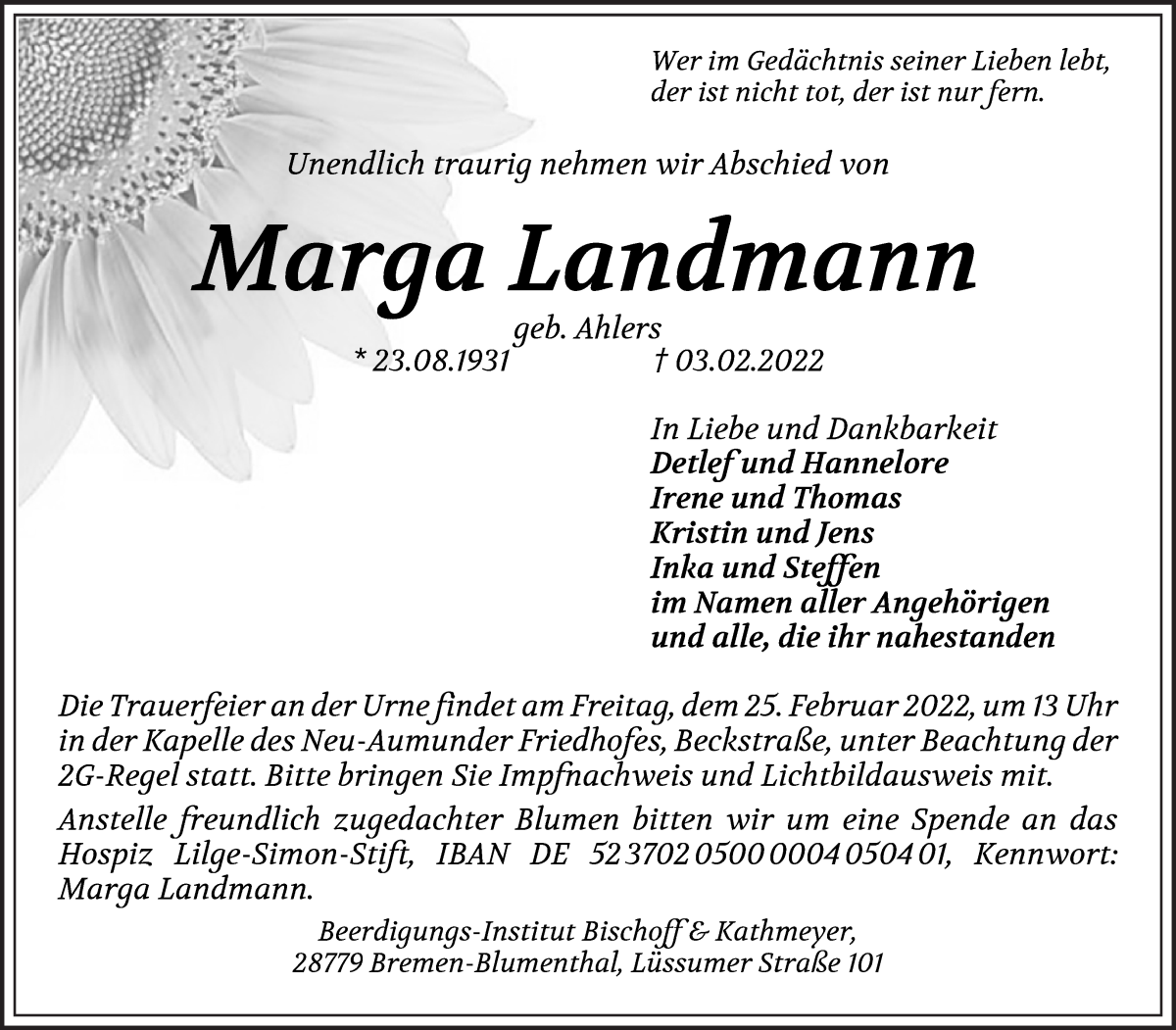  Traueranzeige für Marga Landmann vom 12.02.2022 aus Die Norddeutsche