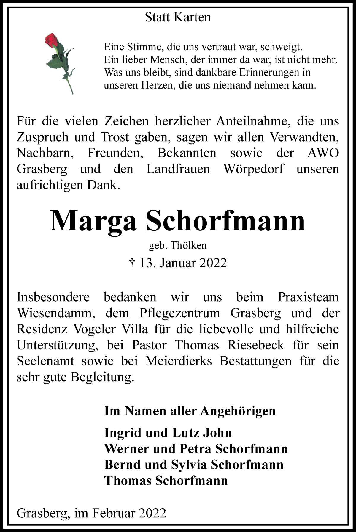  Traueranzeige für Marga Schorfmann vom 26.02.2022 aus Wuemme Zeitung