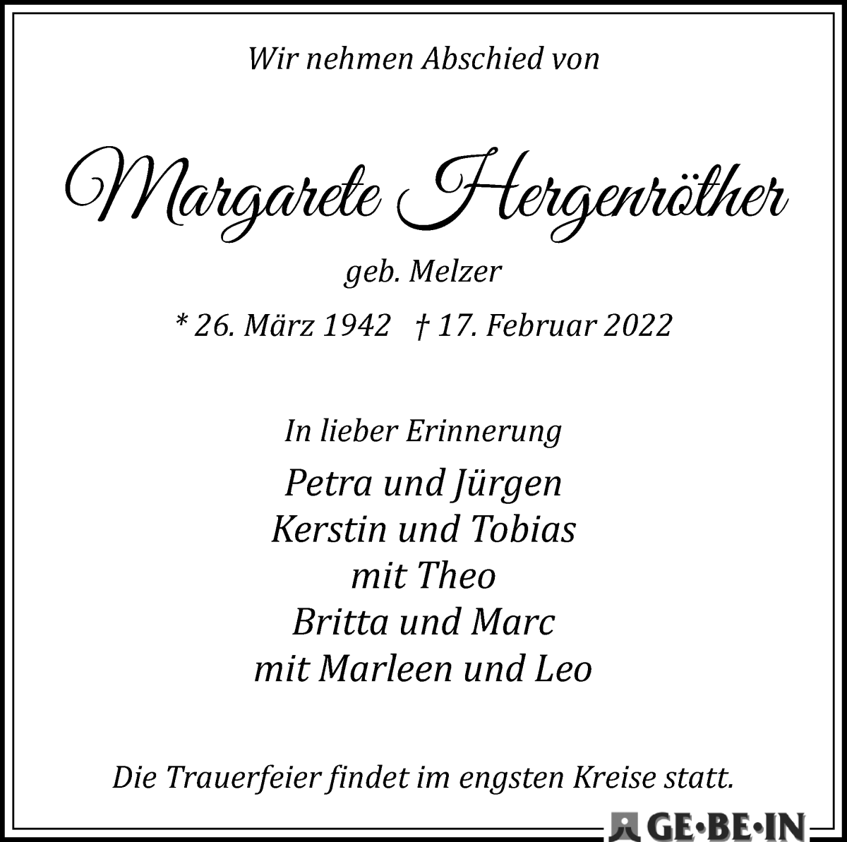 Traueranzeige von Margarete Hergenröther von WESER-KURIER