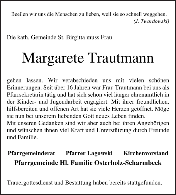 Traueranzeige von Margarete Trautmann