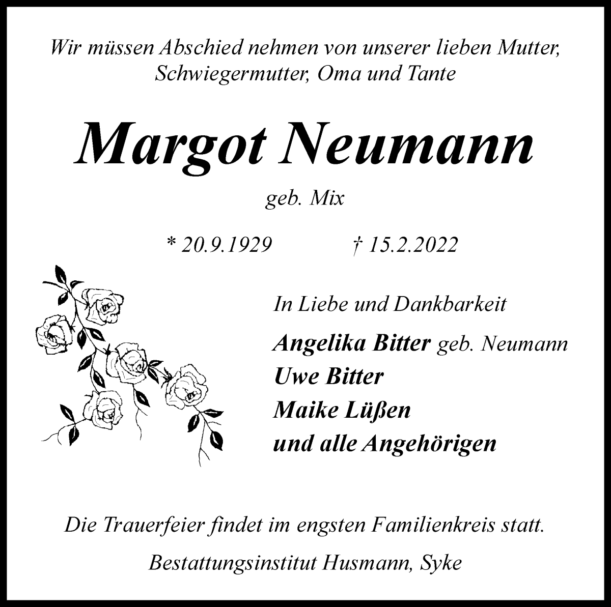  Traueranzeige für Margot Neumann vom 19.02.2022 aus WESER-KURIER
