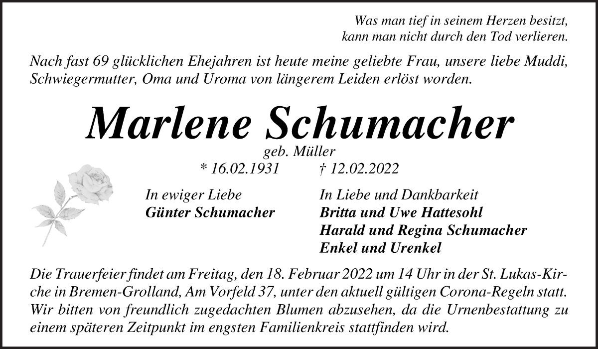  Traueranzeige für Marlene Schumacher vom 16.02.2022 aus WESER-KURIER