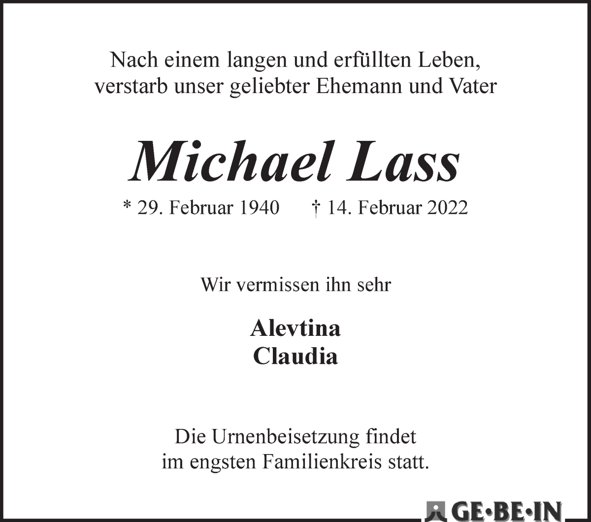  Traueranzeige für Michael Lass vom 19.02.2022 aus WESER-KURIER