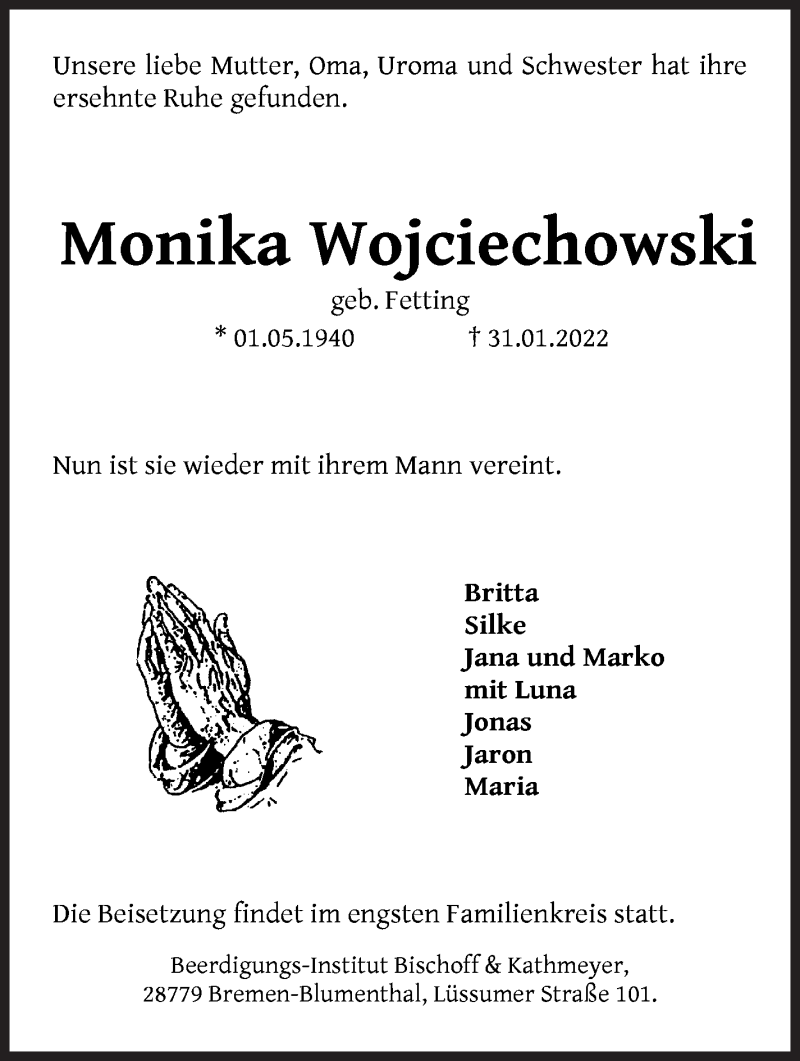 Traueranzeige von Monika Wojciechowski von Die Norddeutsche