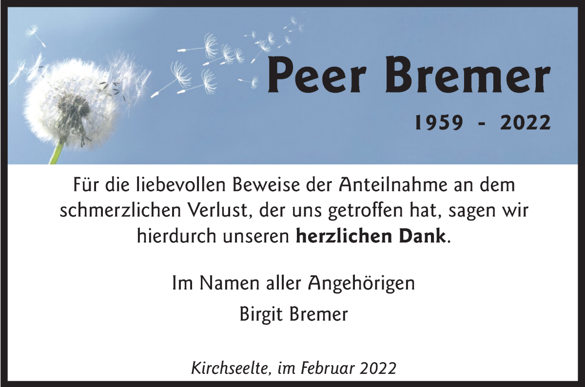  Traueranzeige für Peer Bremer vom 19.02.2022 aus WESER-KURIER