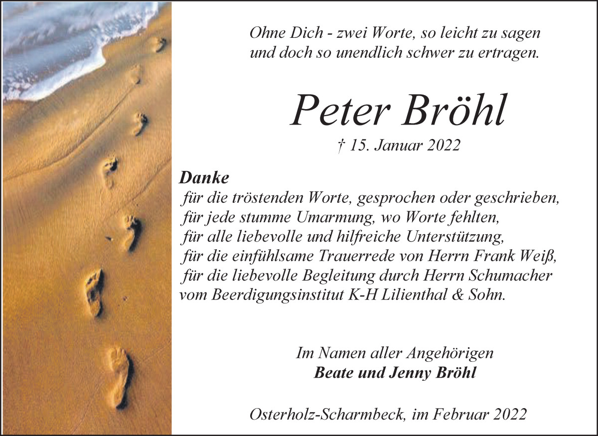  Traueranzeige für Peter Bröhl vom 26.02.2022 aus Osterholzer Kreisblatt