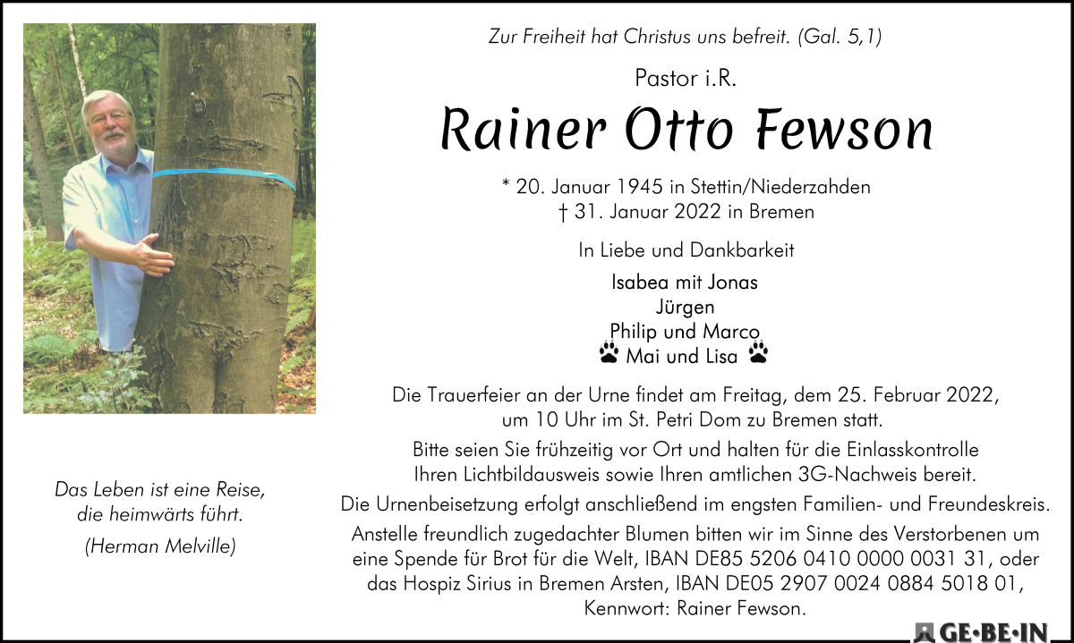  Traueranzeige für Rainer Otto Fewson vom 12.02.2022 aus WESER-KURIER