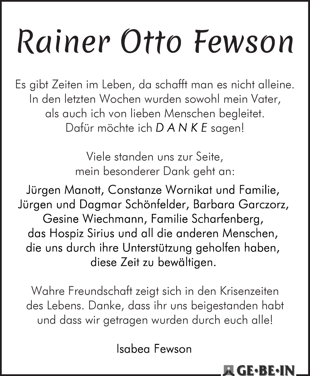  Traueranzeige für Rainer Otto Fewson vom 12.02.2022 aus WESER-KURIER