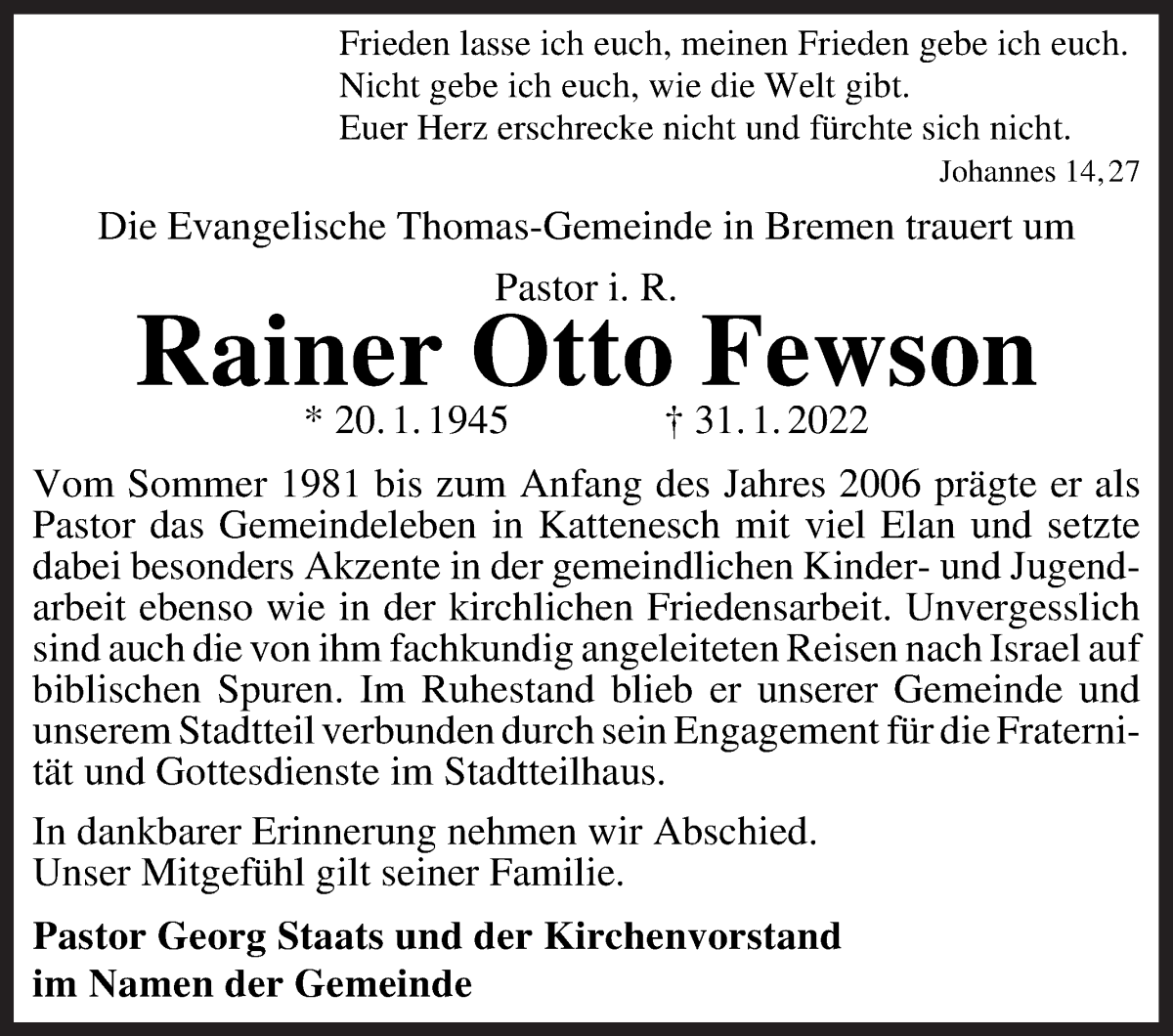  Traueranzeige für Rainer Otto Fewson vom 12.02.2022 aus WESER-KURIER