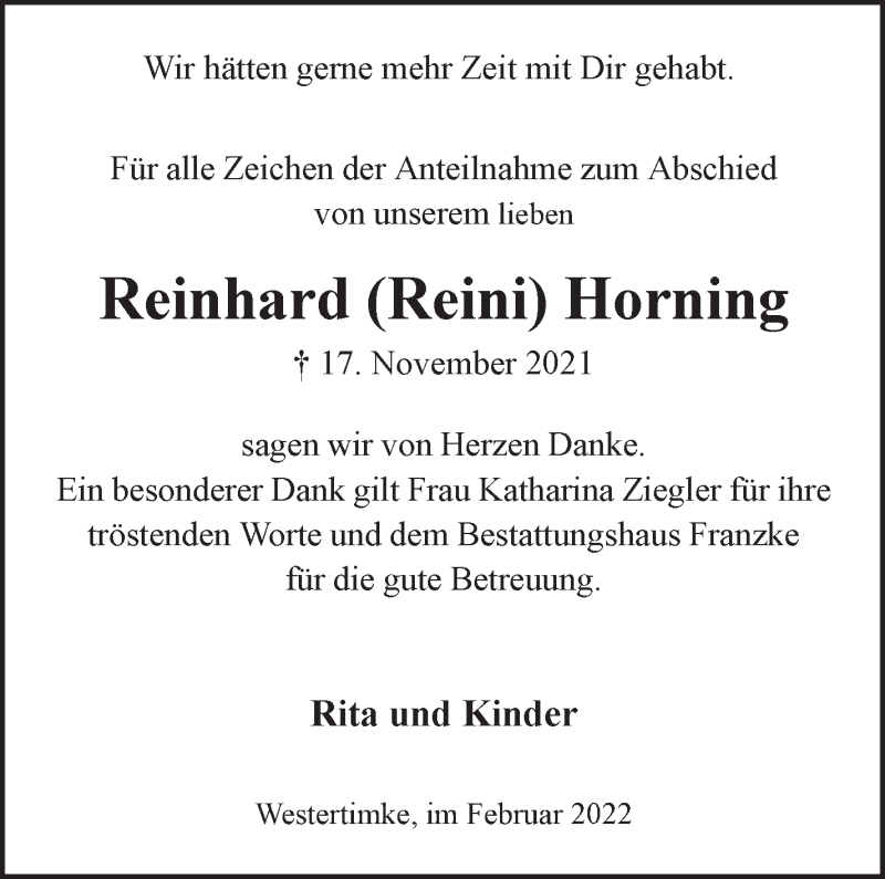 Traueranzeige von Reinhard Horning von Wuemme Zeitung